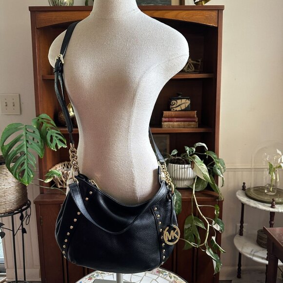 Michael Kors Black Pebbled Leather Studded Shoulder Bag 38H4YMDL2L Gold Hardware - Picture 14 of 15